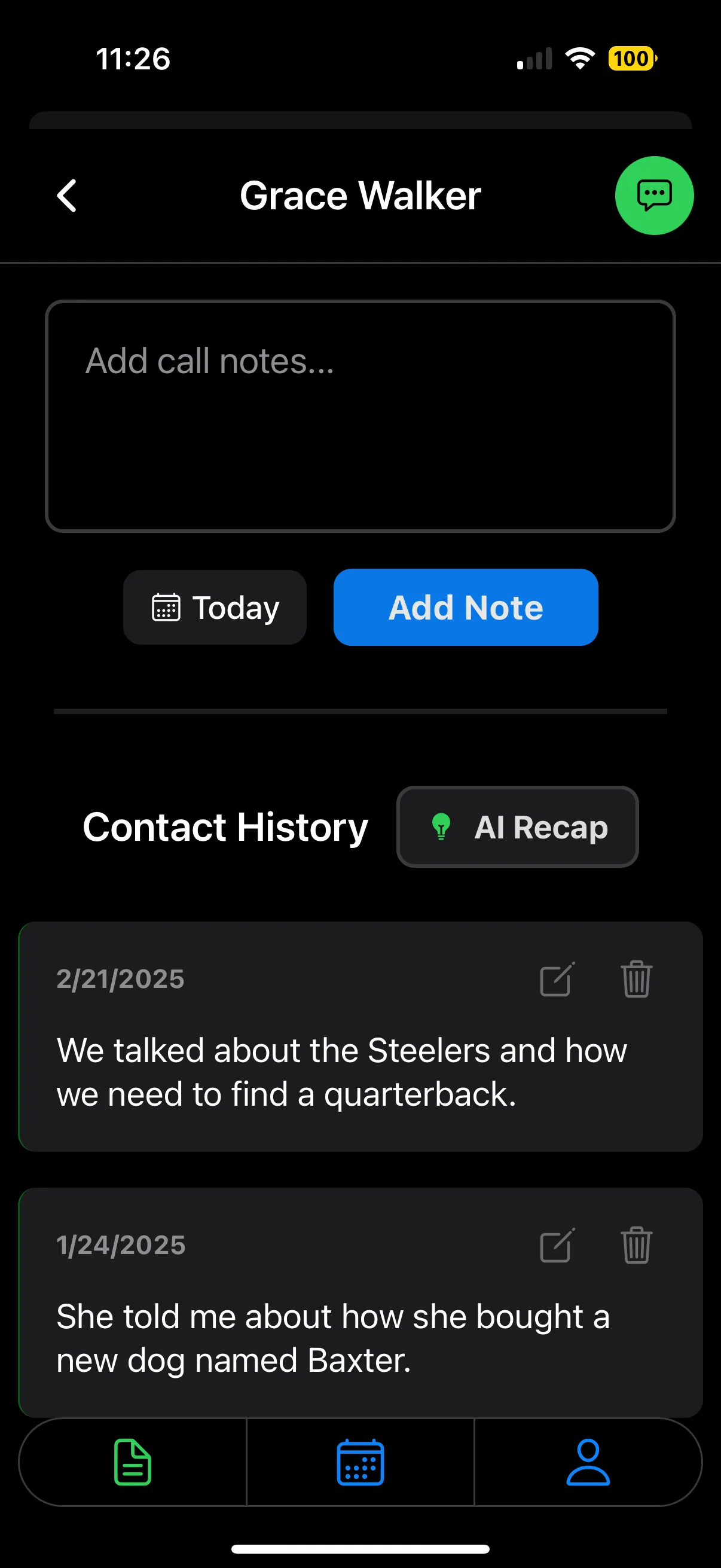 Call notes and history interface