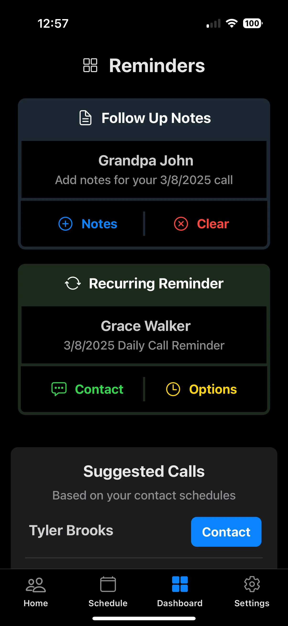 Dashboard with reminders