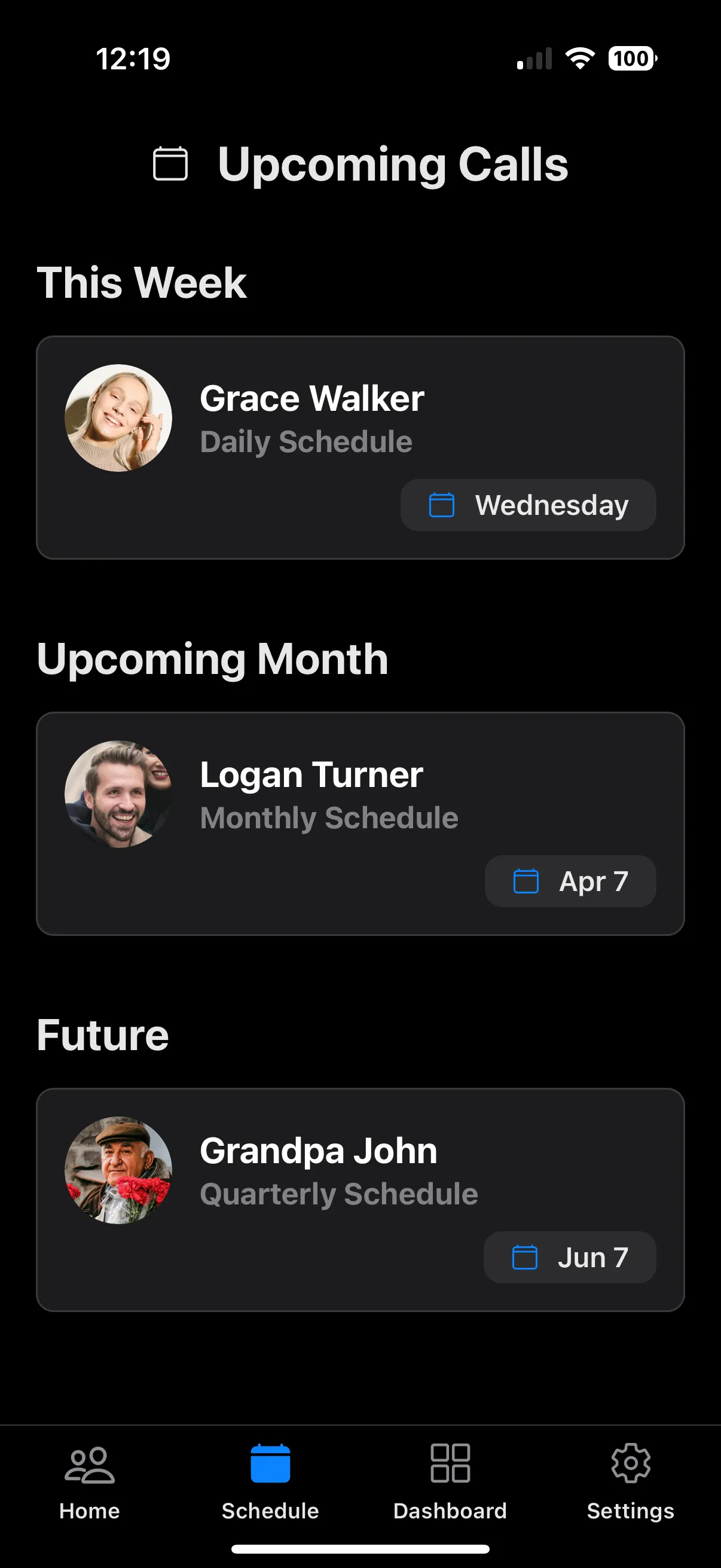 Upcoming calls dashboard
